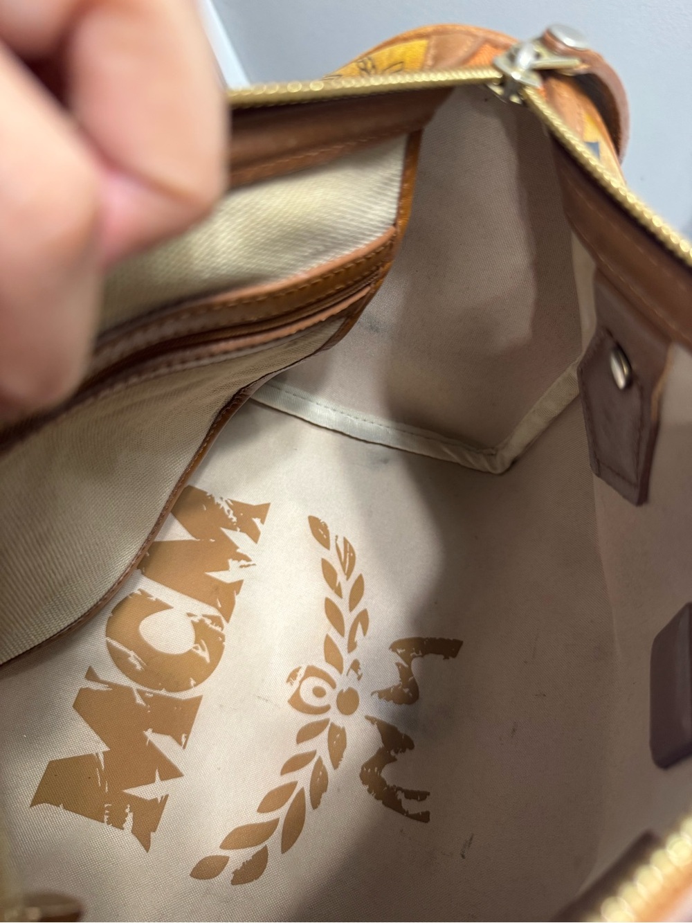 MCM Cognac Visetos Bowling Bag with Navy and Gold Stripe - Picture 14 of 15